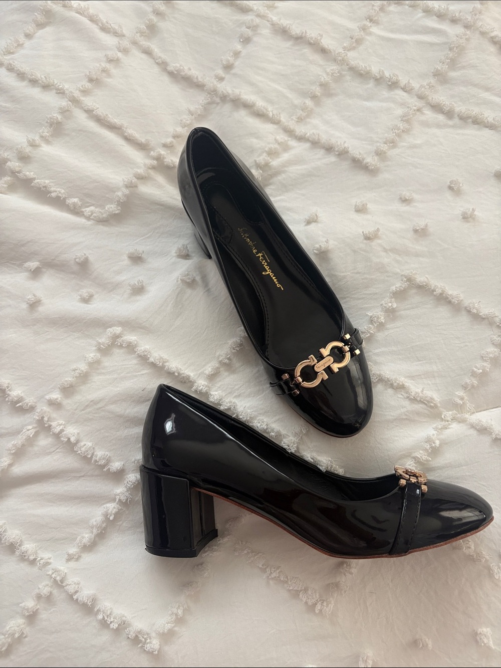 Salvatore Ferragamo Black Patent Leather Block Heel Pumps with Gold Gancini